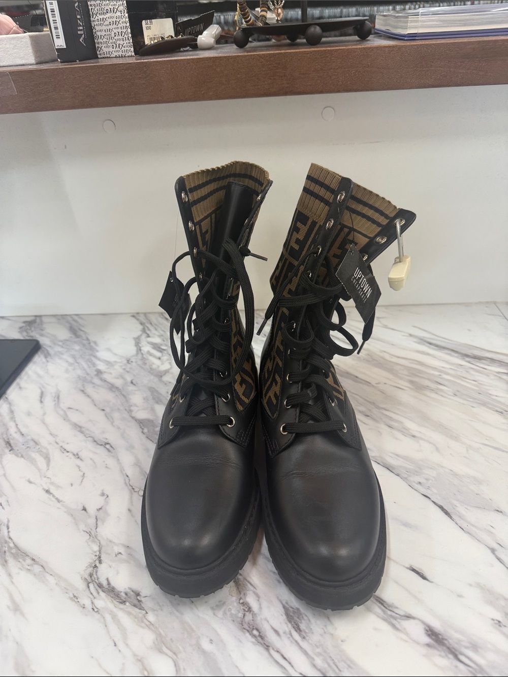 Fendi Black Leather Combat Boots with Brown FF Knit Cuff